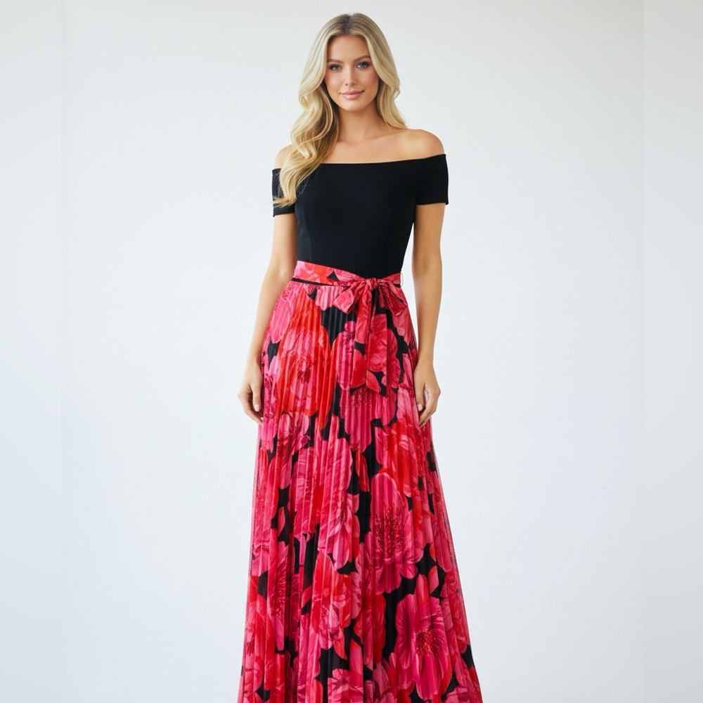 Premier Amour Black and Red Floral Off Shoulder Maxi Skirt Size 2 New